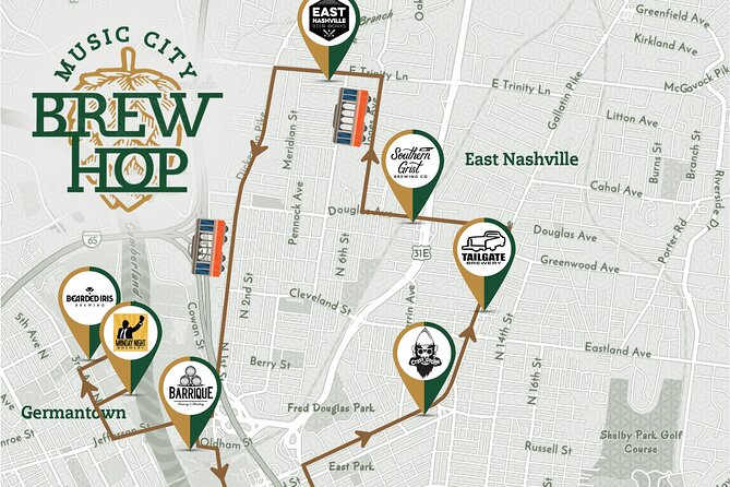 Brewery Hop-On Hop-Off Trolley Tour of Nashville - The route from the Omni to East Nashville